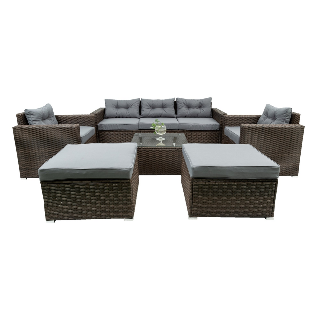 6 Piece Patio Rattan Wicker Outdoor Furniture Conversation Sofa Set with Removable Cushions and Tempered Glass Tabletop