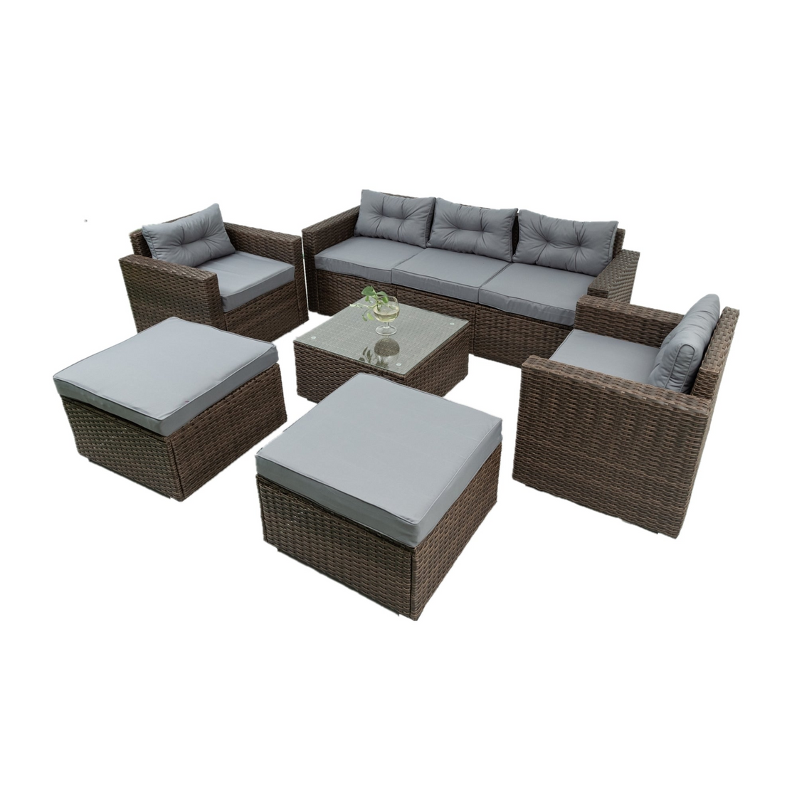 6 Piece Patio Rattan Wicker Outdoor Furniture Conversation Sofa Set with Removable Cushions and Tempered Glass Tabletop