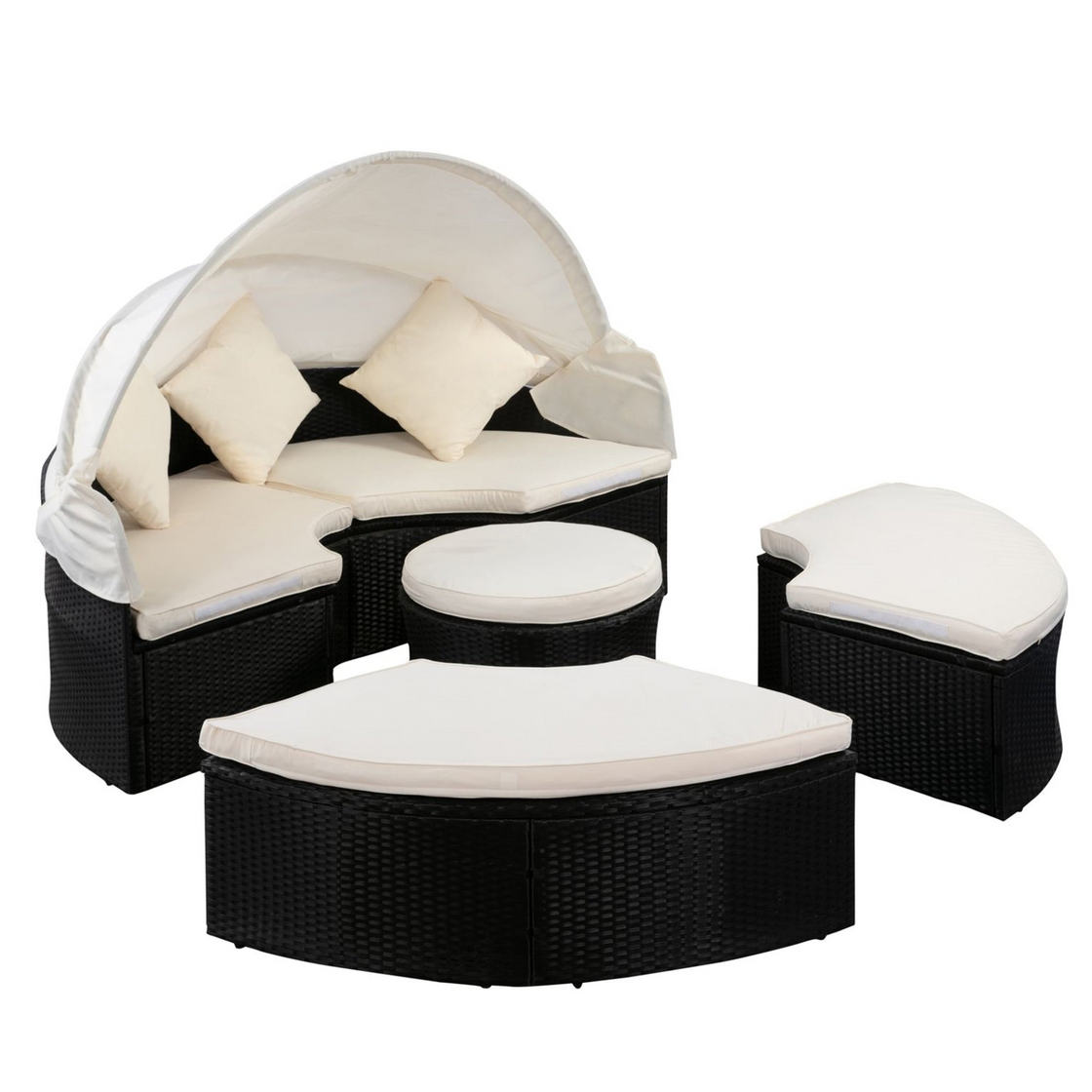 Outdoor Patio Round Daybed with Retractable Canopy | Black Wicker + Creme Cushion