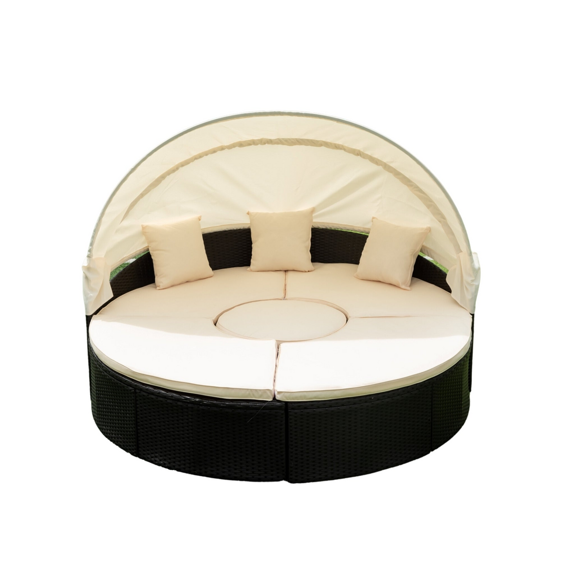 Outdoor Patio Round Daybed with Retractable Canopy | Black Wicker + Creme Cushion