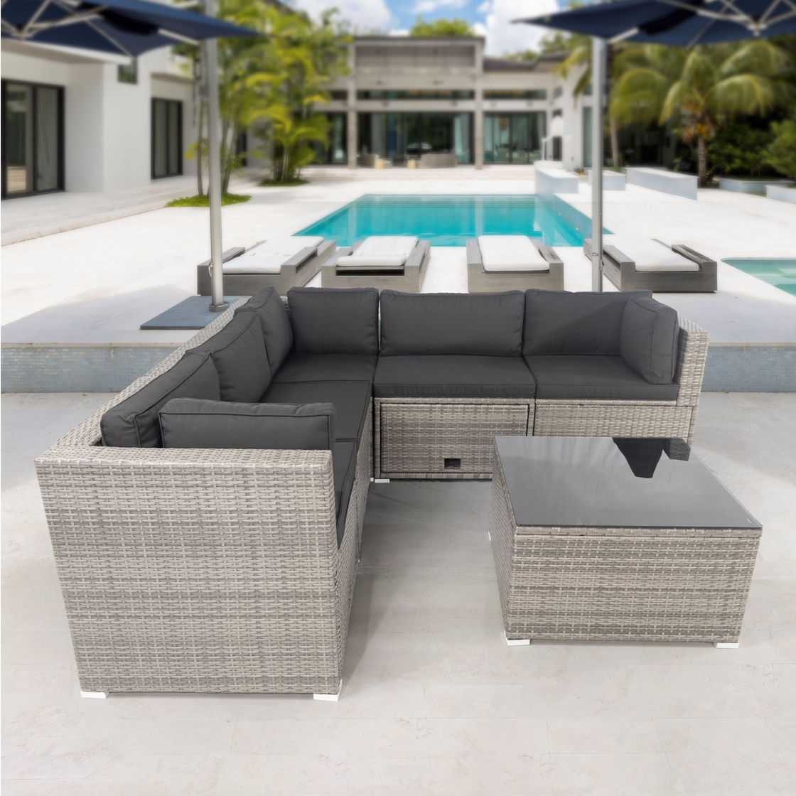 6-Piece PE Rattan Sectional Outdoor Furniture Cushioned Sofa Set - Grey