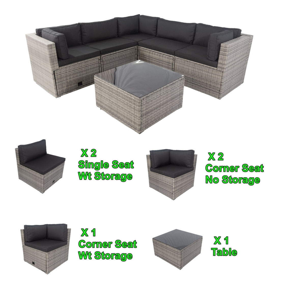 6-Piece PE Rattan Sectional Outdoor Furniture Cushioned Sofa Set - Grey