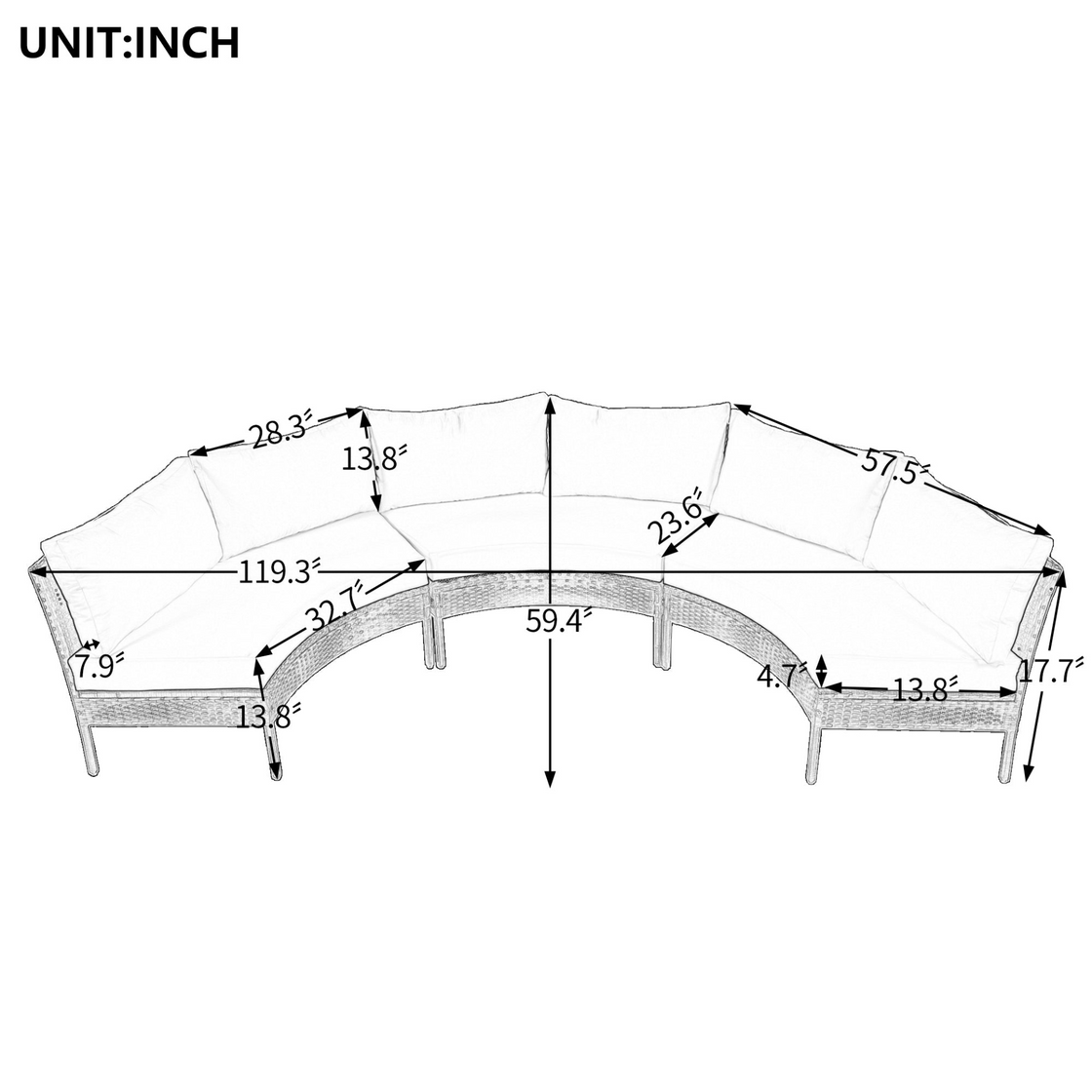 3 Piece Curved Outdoor Conversation Set - All Weather Sectional Sofa with Cushions