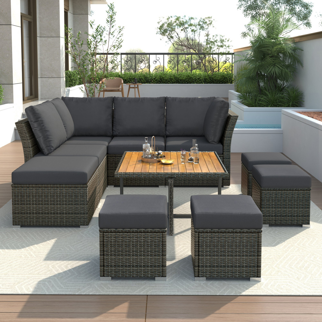 Patio Furniture Set, 10 Piece Outdoor Conversation Set with Coffee Table and Ottomans