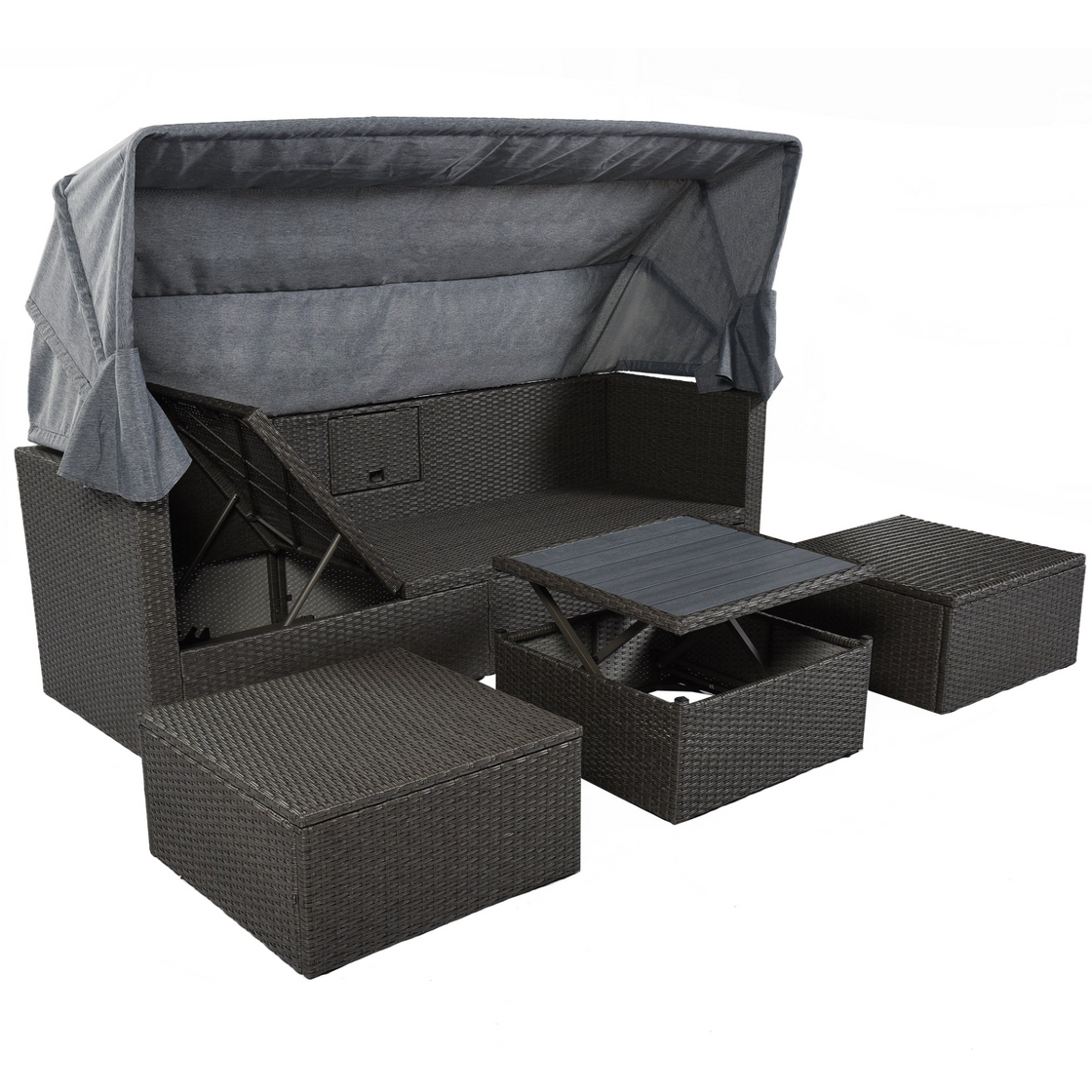 Outdoor Patio Rectangle Daybed with Retractable Canopy - Wicker Furniture Sectional Seating with Washable Cushions for Backyard and Porch