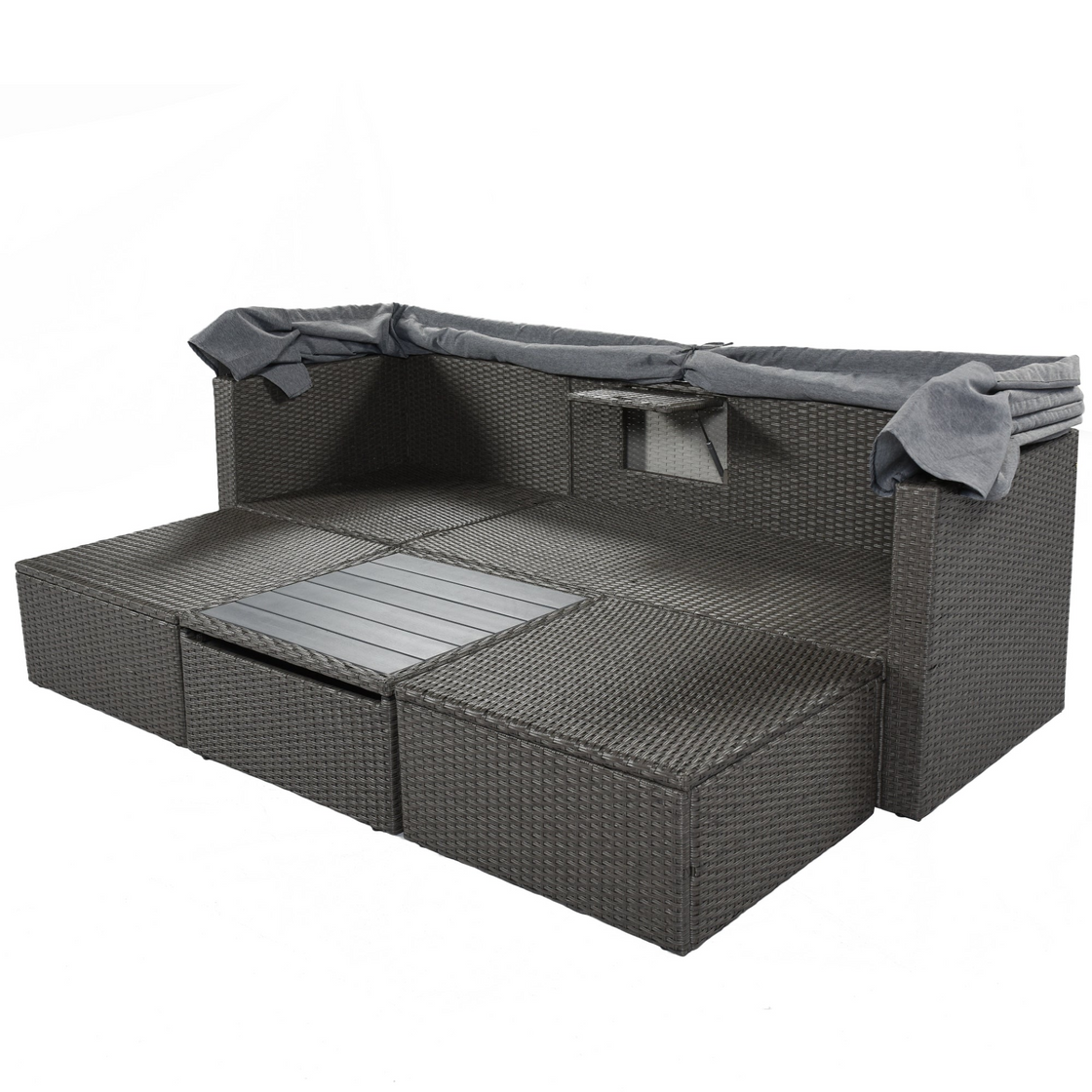 Outdoor Patio Rectangle Daybed with Retractable Canopy - Wicker Furniture Sectional Seating with Washable Cushions for Backyard and Porch