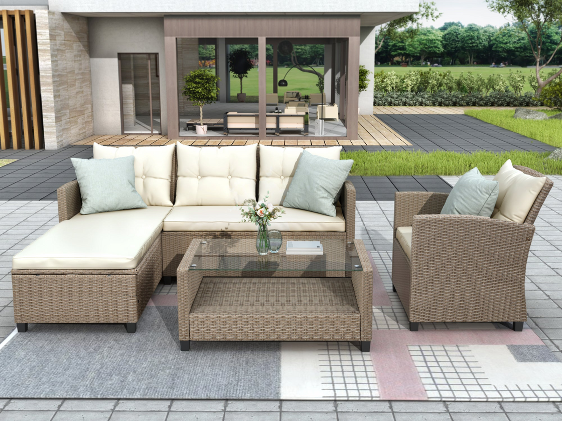 Outdoor, Patio Furniture Sets, 4 Piece Conversation Set Wicker Ratten Sectional Sofa with Seat Cushions (Beige Brown) - High Quality | Weather Resistant