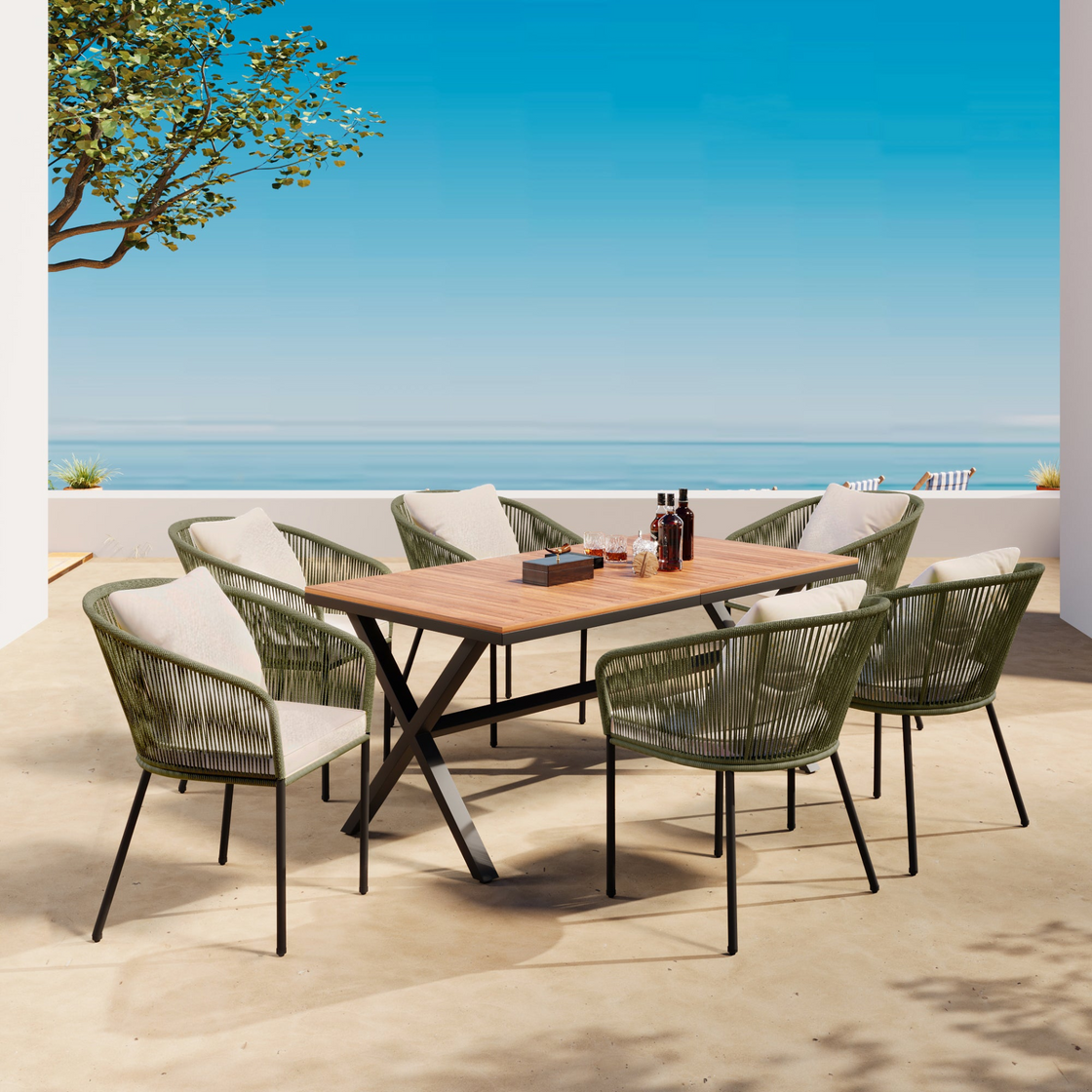 7 Pieces Patio Dining Set - All-Weather Outdoor Furniture Set with Acacia Wood Tabletop and Metal Frame - Perfect for Garden, Backyard, and Balcony - Green