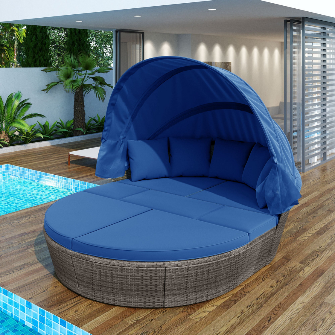 Outdoor Rattan Daybed Sunbed with Retractable Canopy - Blue