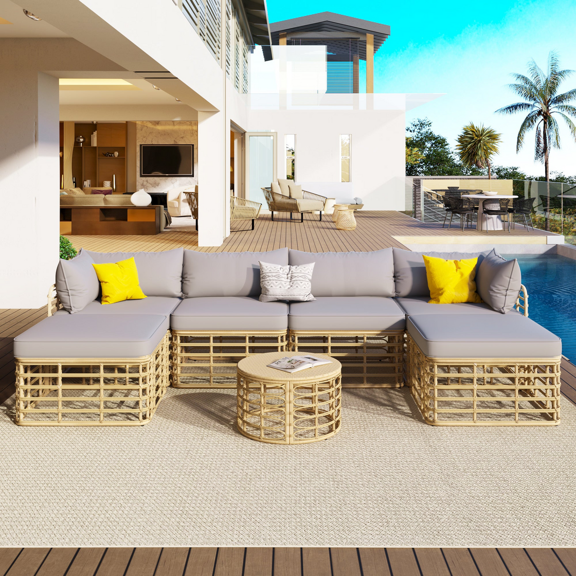 7 Pieces Outdoor Patio Furniture, All-Weather Rattan Sectional Sofa Set - Gray