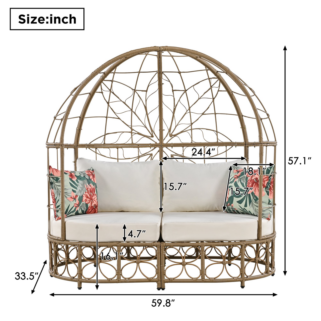 59.8" Daybed Outdoor Sunbed With Colorful Pillows, Wicker Patio Daybed With Curtain, Floral Pattern, Natural Wicker, Beige Cushion