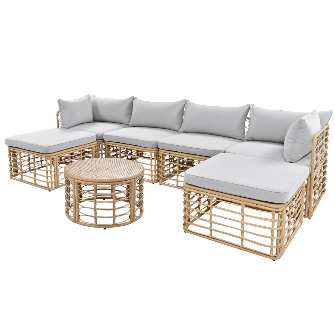 7 Pieces Outdoor Patio Furniture, All-Weather Rattan Sectional Sofa Set - Gray