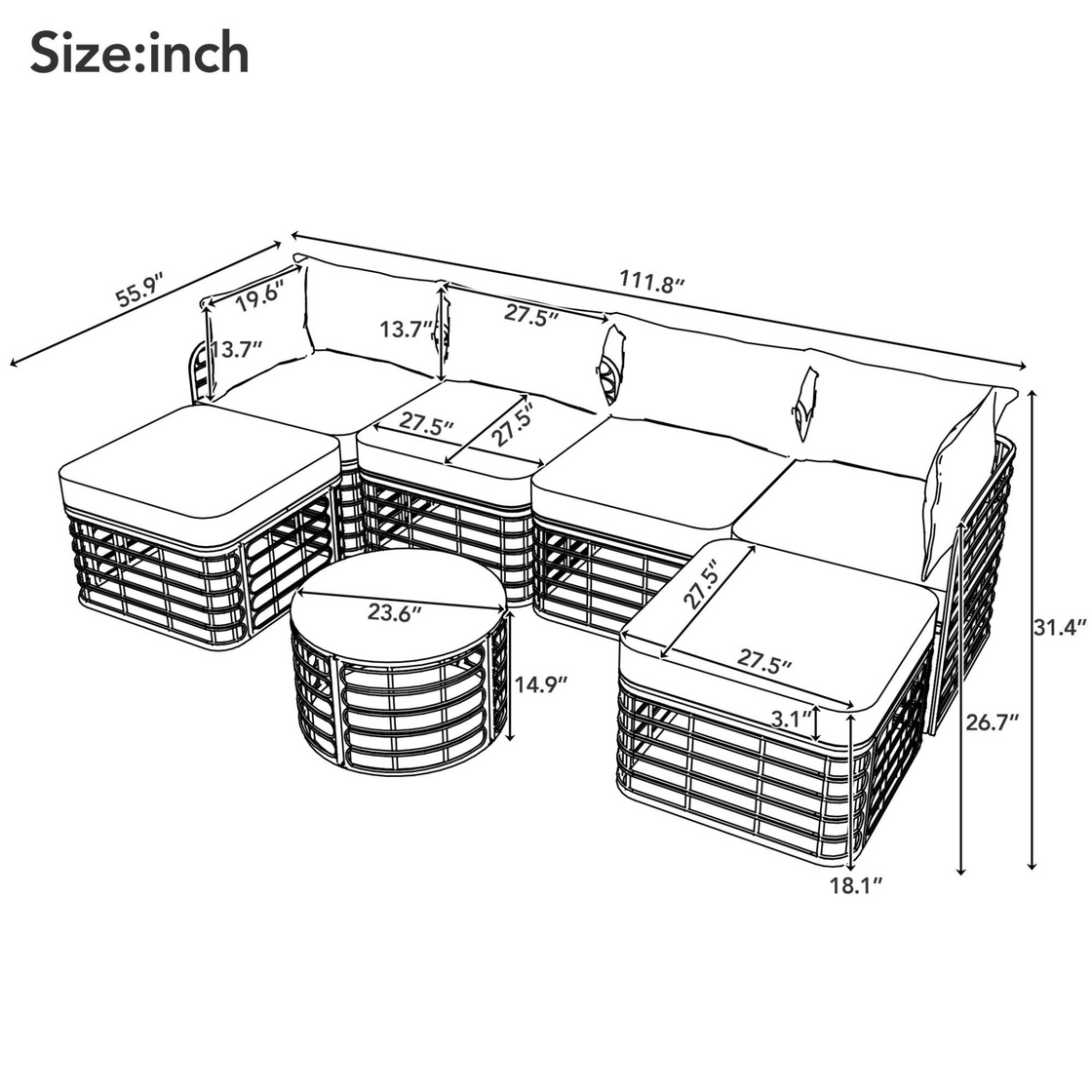 7 Pieces Outdoor Patio Furniture, All-Weather Rattan Sectional Sofa Set - Gray