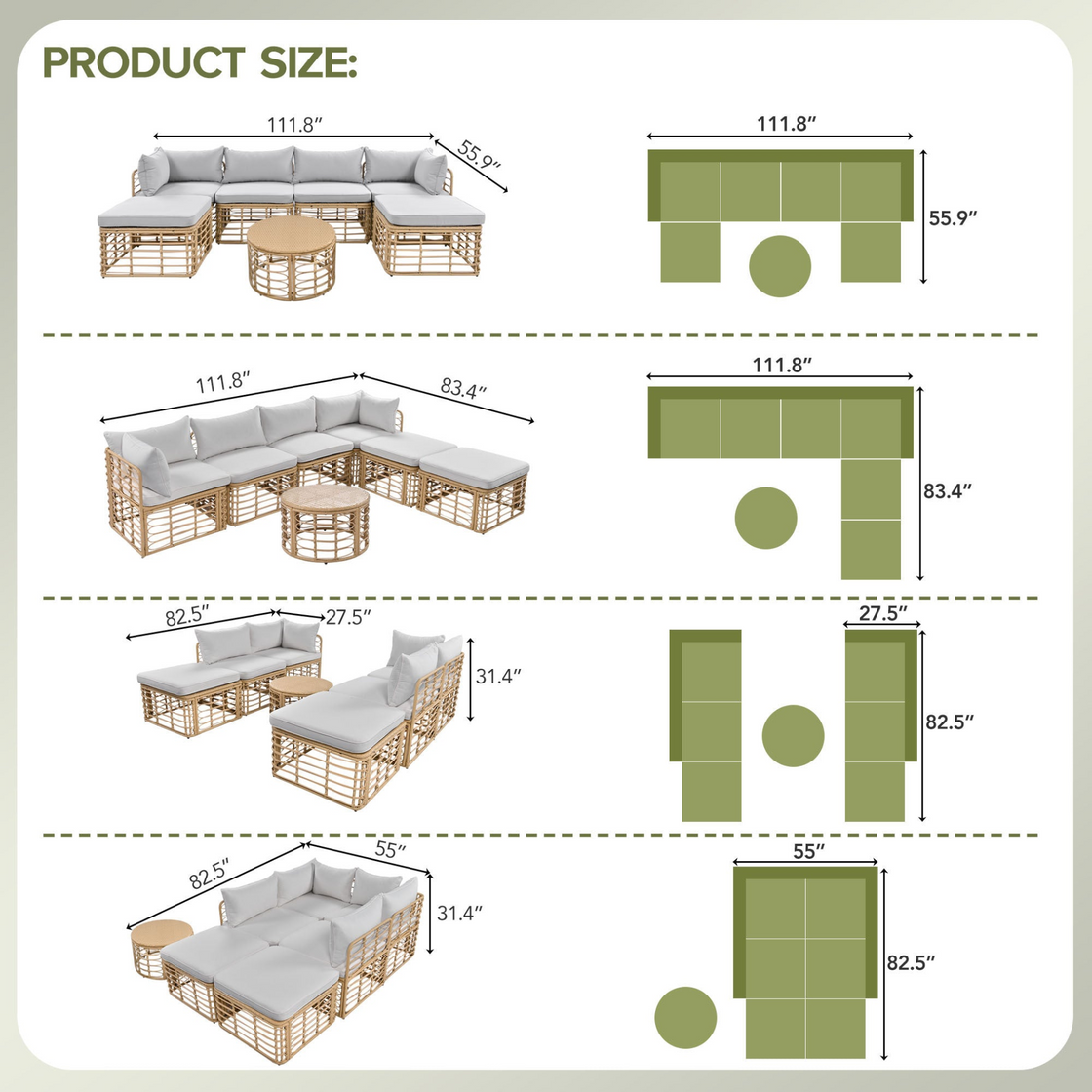 7 Pieces Outdoor Patio Furniture, All-Weather Rattan Sectional Sofa Set - Gray