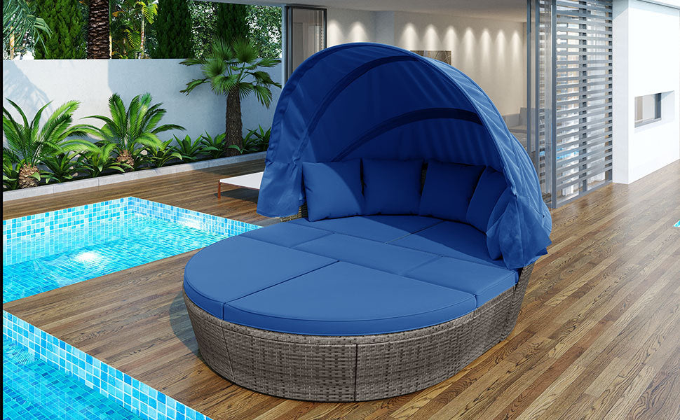 Outdoor Rattan Daybed Sunbed with Retractable Canopy - Blue