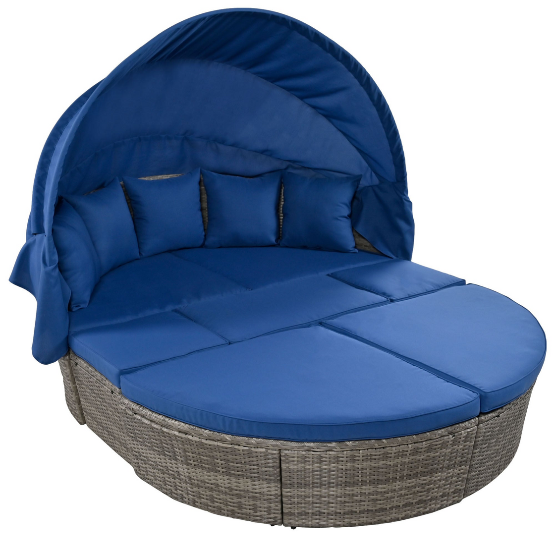 Outdoor Rattan Daybed Sunbed with Retractable Canopy - Blue