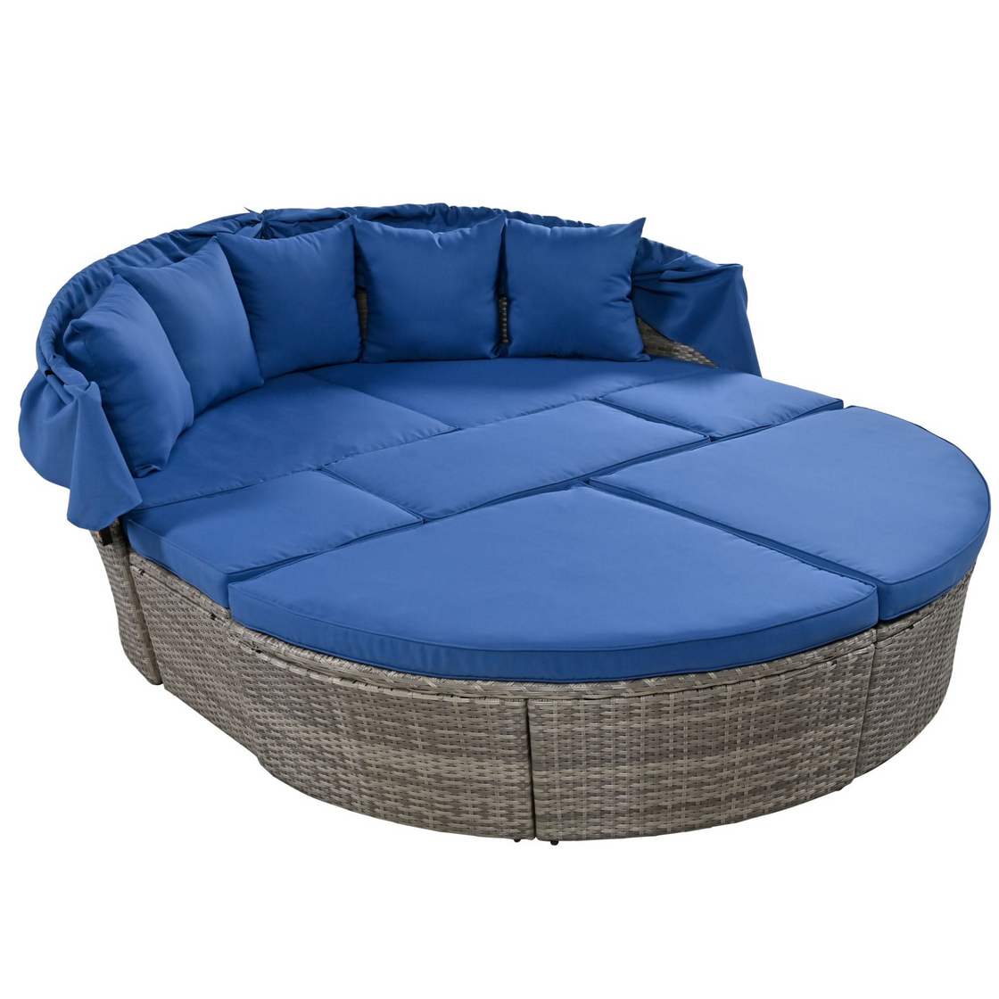 Outdoor Rattan Daybed Sunbed with Retractable Canopy - Blue