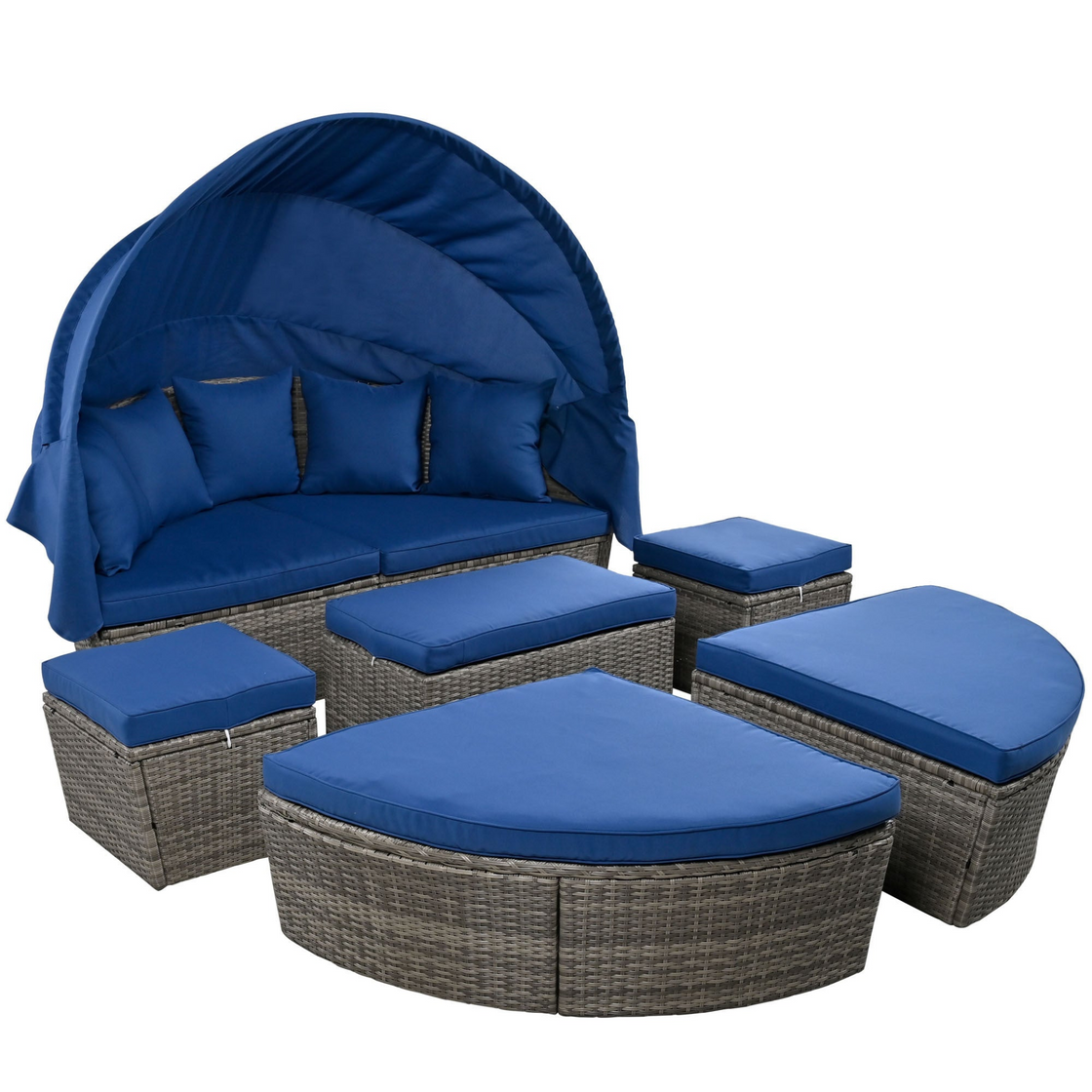 Outdoor Rattan Daybed Sunbed with Retractable Canopy - Blue