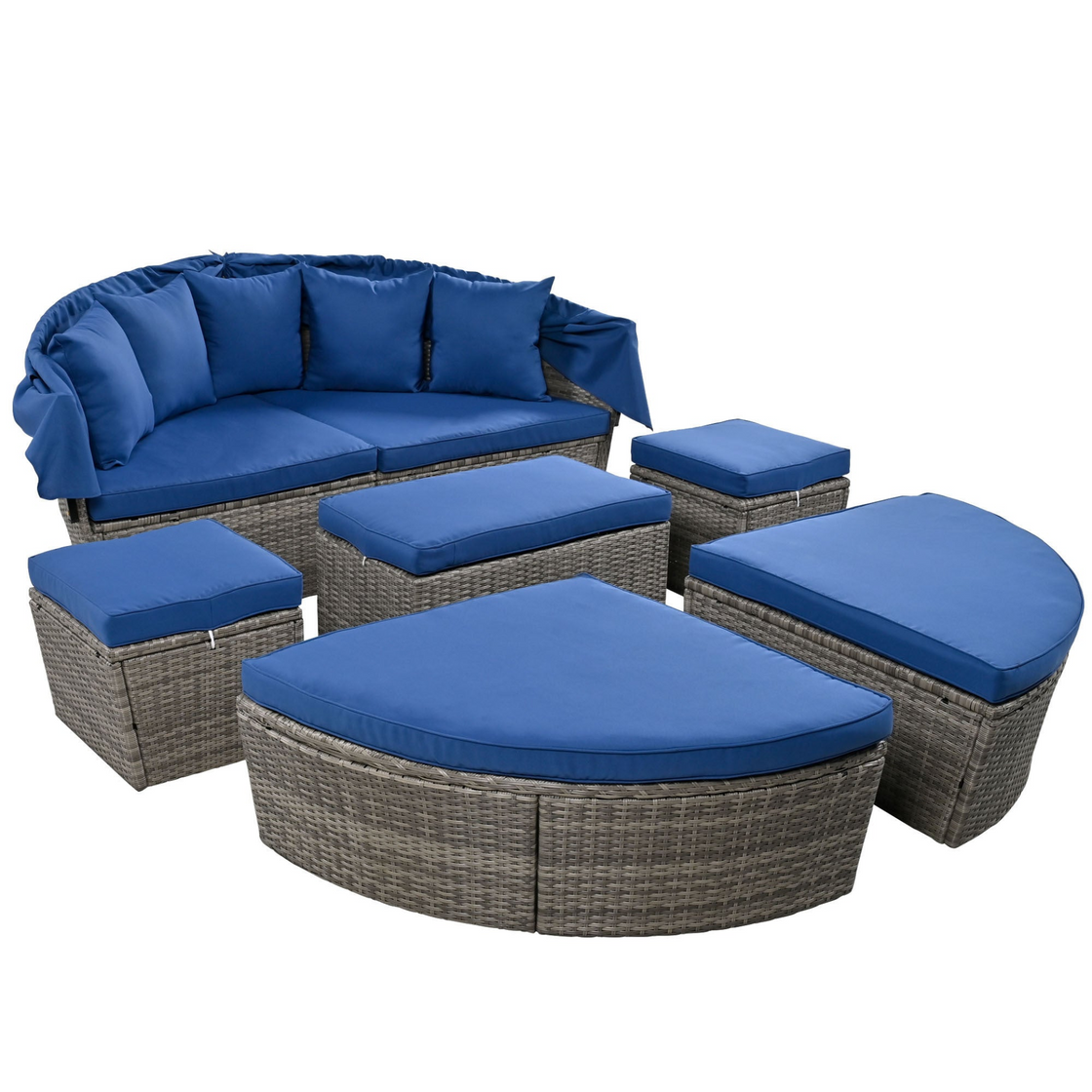 Outdoor Rattan Daybed Sunbed with Retractable Canopy - Blue