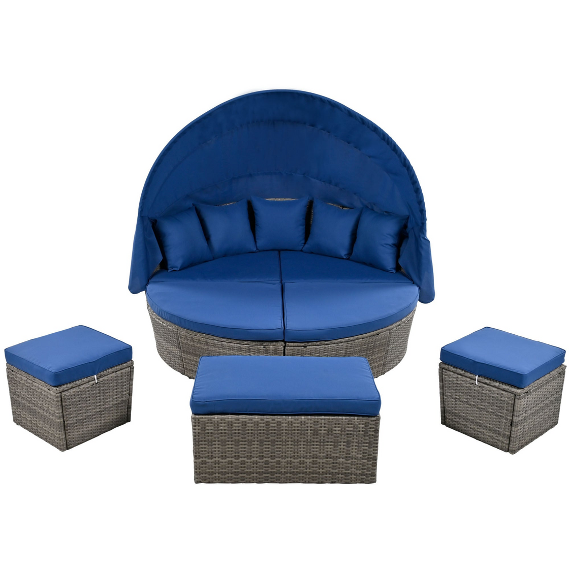 Outdoor Rattan Daybed Sunbed with Retractable Canopy - Blue