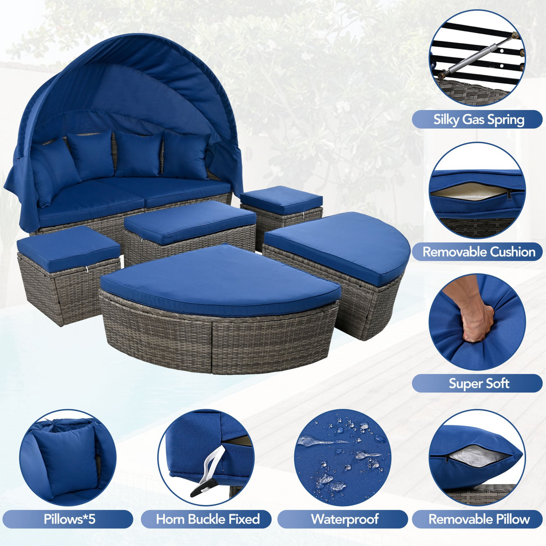 Outdoor Rattan Daybed Sunbed with Retractable Canopy - Blue