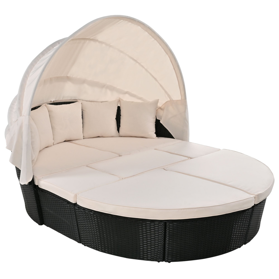 Outdoor Rattan Daybed Sunbed with Retractable Canopy - Beige