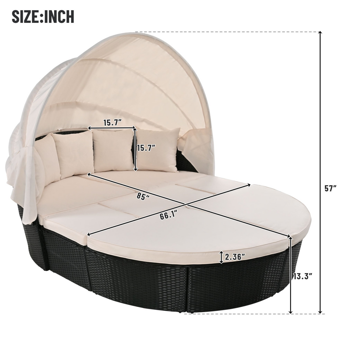 Outdoor Rattan Daybed Sunbed with Retractable Canopy - Beige