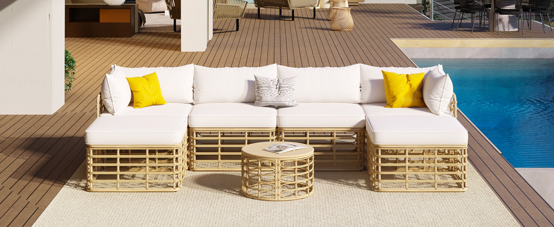 7 Pieces Outdoor Patio Furniture, All-Weather Rattan Sectional Sofa Set with Thick Cushions and Pillows, Beige