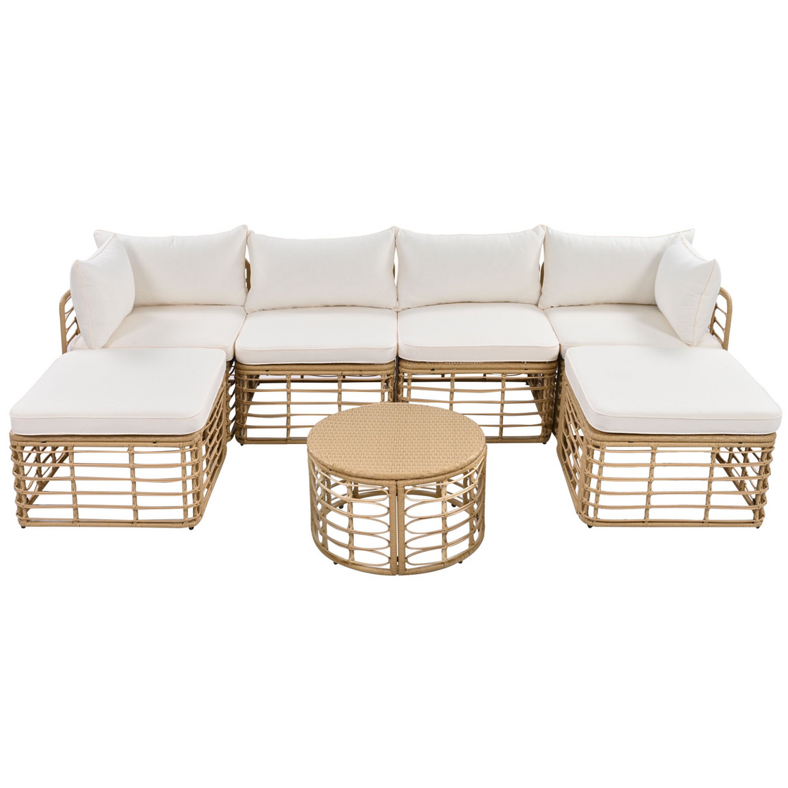 7 Pieces Outdoor Patio Furniture, All-Weather Rattan Sectional Sofa Set with Thick Cushions and Pillows, Beige