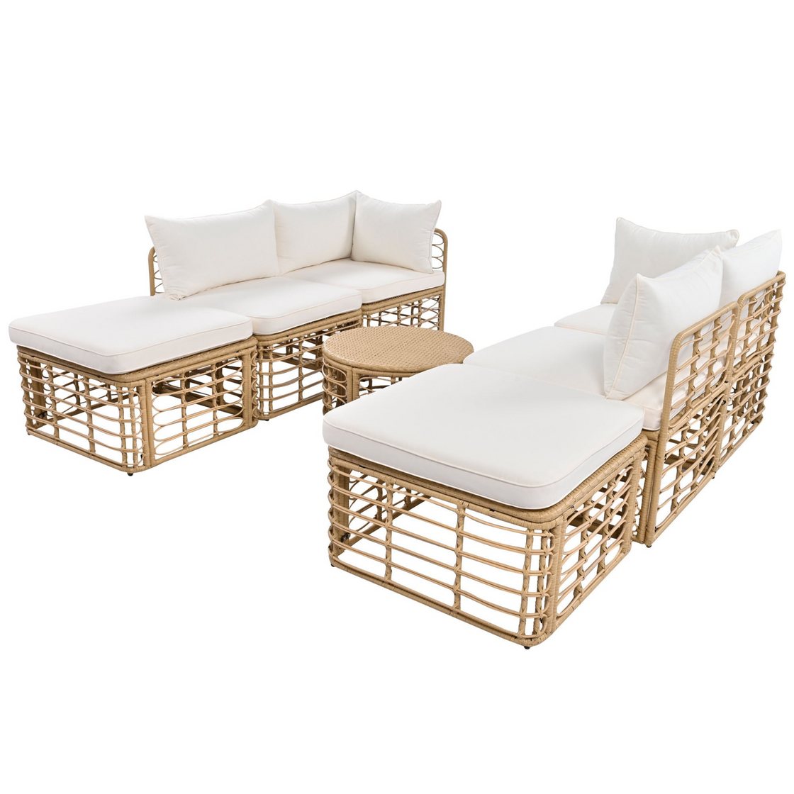 7 Pieces Outdoor Patio Furniture, All-Weather Rattan Sectional Sofa Set with Thick Cushions and Pillows, Beige