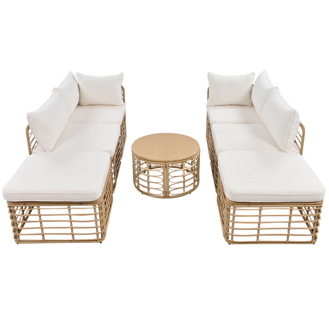 7 Pieces Outdoor Patio Furniture, All-Weather Rattan Sectional Sofa Set with Thick Cushions and Pillows, Beige