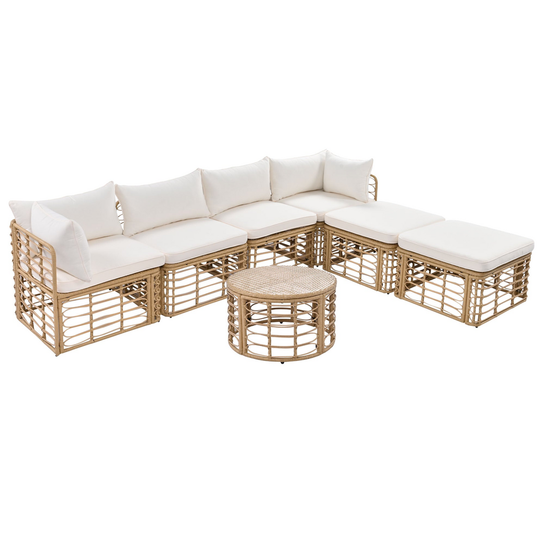 7 Pieces Outdoor Patio Furniture, All-Weather Rattan Sectional Sofa Set with Thick Cushions and Pillows, Beige