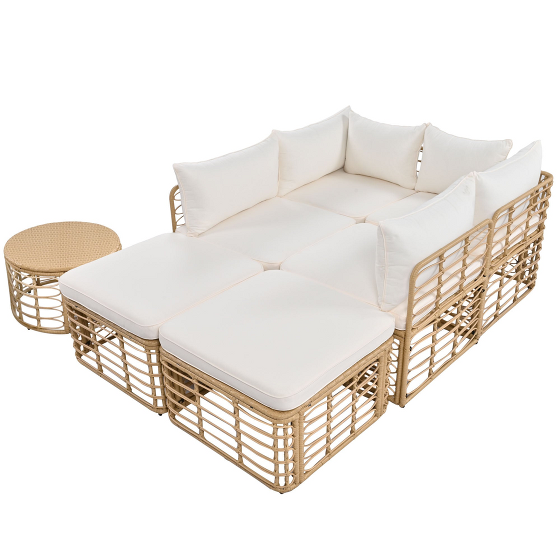 7 Pieces Outdoor Patio Furniture, All-Weather Rattan Sectional Sofa Set with Thick Cushions and Pillows, Beige