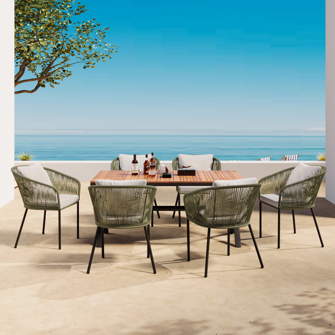 7 Pieces Patio Dining Set - All-Weather Outdoor Furniture Set with Acacia Wood Tabletop and Metal Frame - Perfect for Garden, Backyard, and Balcony - Green