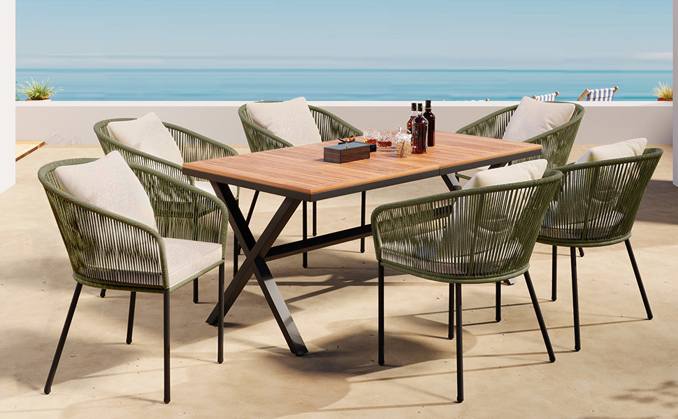 7 Pieces Patio Dining Set - All-Weather Outdoor Furniture Set with Acacia Wood Tabletop and Metal Frame - Perfect for Garden, Backyard, and Balcony - Green