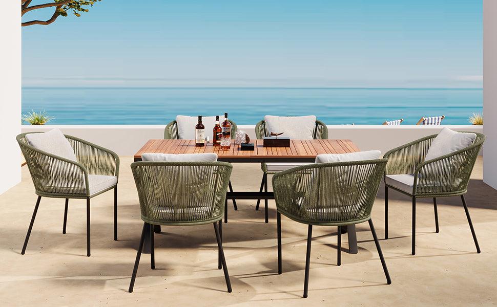 7 Pieces Patio Dining Set - All-Weather Outdoor Furniture Set with Acacia Wood Tabletop and Metal Frame - Perfect for Garden, Backyard, and Balcony - Green