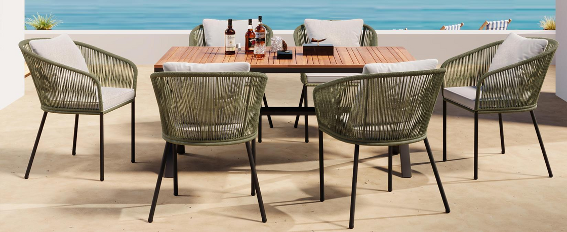 7 Pieces Patio Dining Set - All-Weather Outdoor Furniture Set with Acacia Wood Tabletop and Metal Frame - Perfect for Garden, Backyard, and Balcony - Green