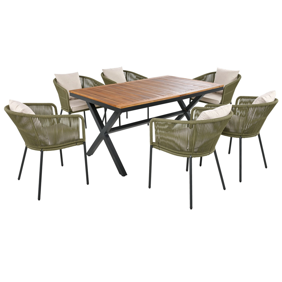 7 Pieces Patio Dining Set - All-Weather Outdoor Furniture Set with Acacia Wood Tabletop and Metal Frame - Perfect for Garden, Backyard, and Balcony - Green