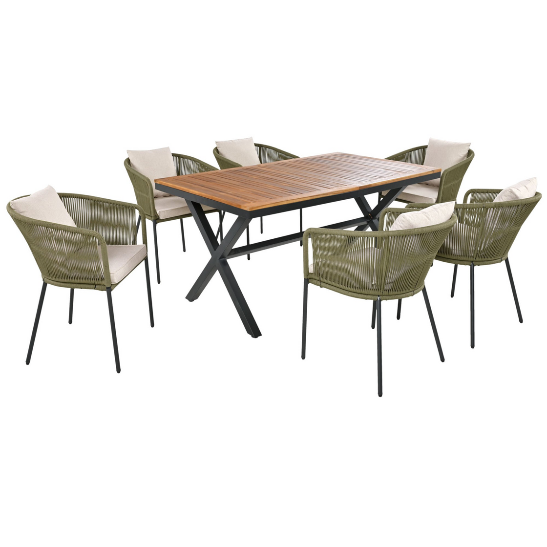 7 Pieces Patio Dining Set - All-Weather Outdoor Furniture Set with Acacia Wood Tabletop and Metal Frame - Perfect for Garden, Backyard, and Balcony - Green