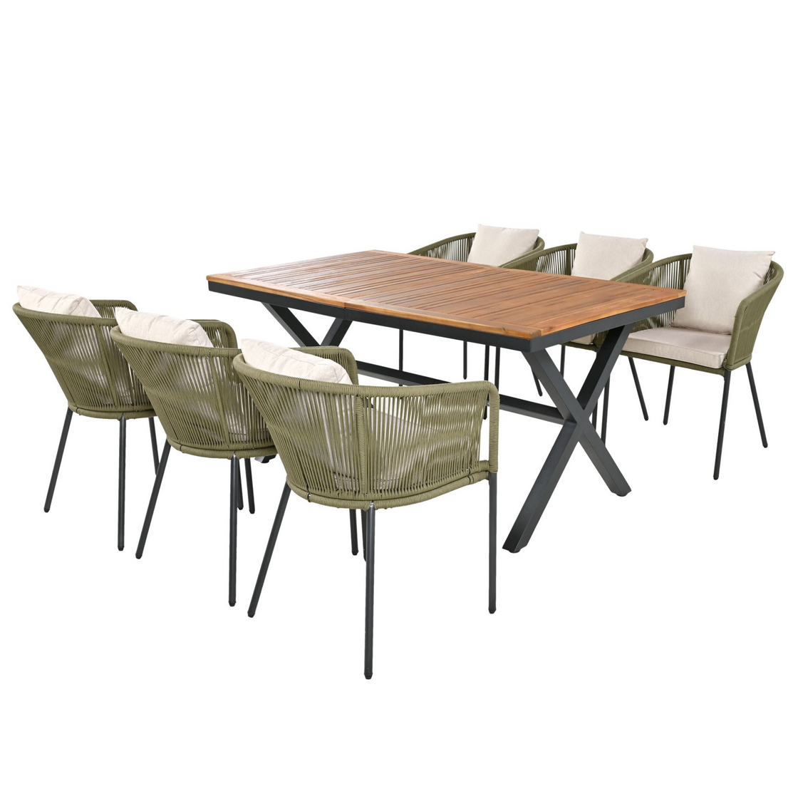 7 Pieces Patio Dining Set - All-Weather Outdoor Furniture Set with Acacia Wood Tabletop and Metal Frame - Perfect for Garden, Backyard, and Balcony - Green