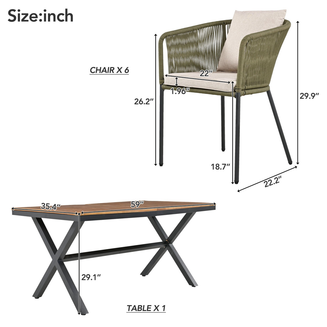 7 Pieces Patio Dining Set - All-Weather Outdoor Furniture Set with Acacia Wood Tabletop and Metal Frame - Perfect for Garden, Backyard, and Balcony - Green