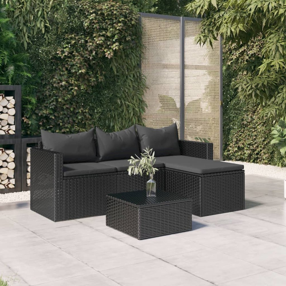 Patio Lounge Set Black Poly Rattan