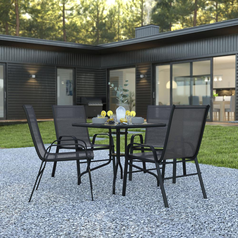 5 Piece Outdoor Patio Dining Set - 31.5" Square Tempered Glass Patio Table, 4 Black Flex Comfort Stack Chairs
