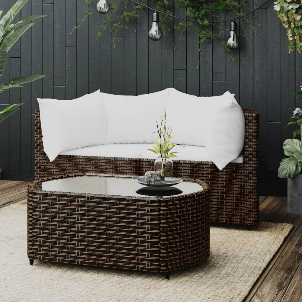 3 Piece Patio Lounge Set with Cushions Brown Poly Rattan